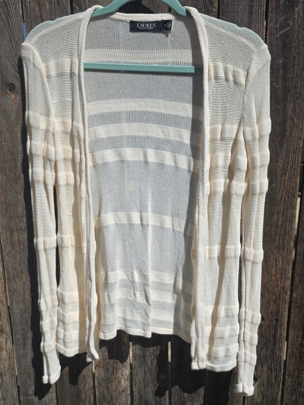 Lauren Ralph Lauren Cardigan M Ivory Open Front Sheer Stripe Knit Cotton Blend